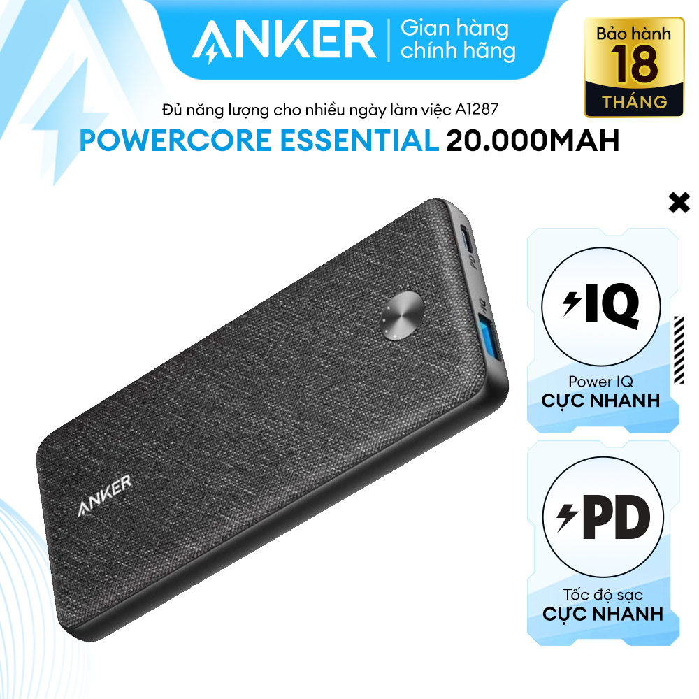 Pin Dự Phòng Anker PowerCore Essential 20.000mAh Hỗ Trợ Sạc Nhanh Power Delivery PD 20W Tích Hợp USB Type-C In/Out - A1287 - Hàng chính hãng