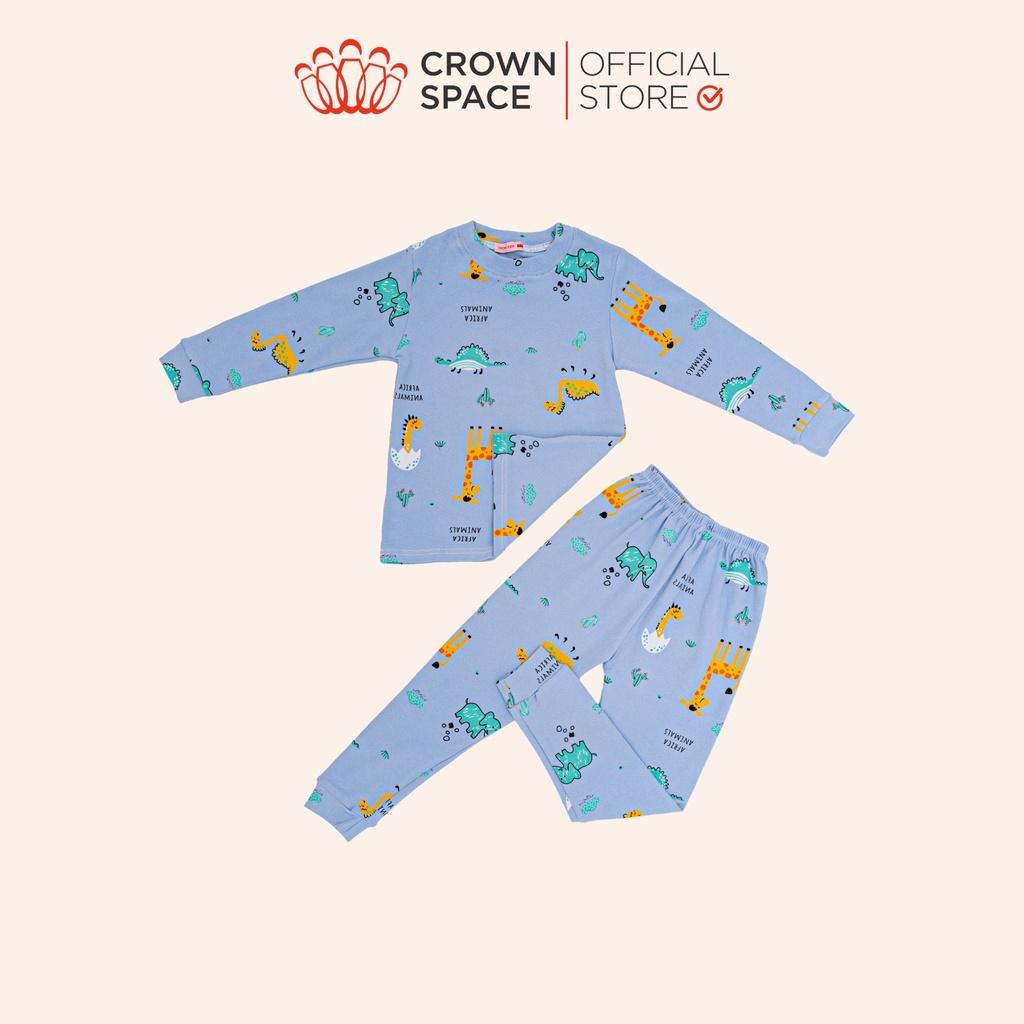 Bộ Mặc Nhà Dài Tay Bé Trai Crown Space Cao Cấp Xanh Pastel - Cotton Thoáng Mát Hình Khủng Long CKBL5911709 Size 19-27Kg