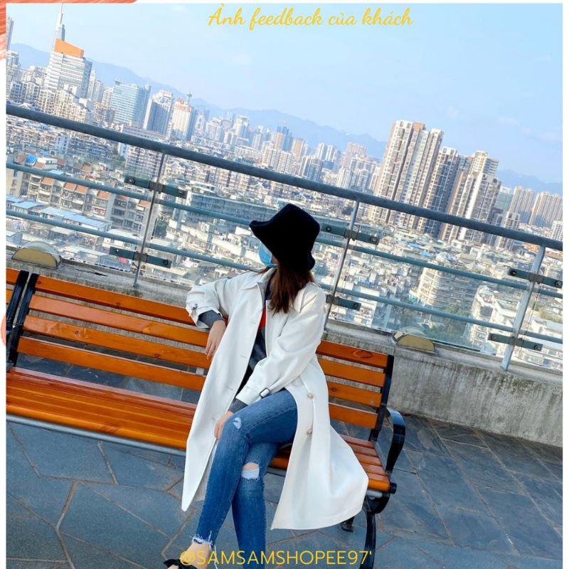 Áo khoác Trendcoat màu trắng có đai phong cách Hàn Quốc (Kèm Ảnh Thật