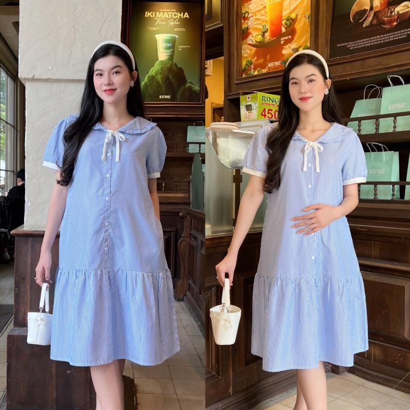 Đầm bầu sọc dáng đuôi cá cổ bèo thắt nơ xinh sang nhẹ nhàng Mom diện thoải mái nơi công sở và dạo phố đều xinh.. - Xanh nhạt