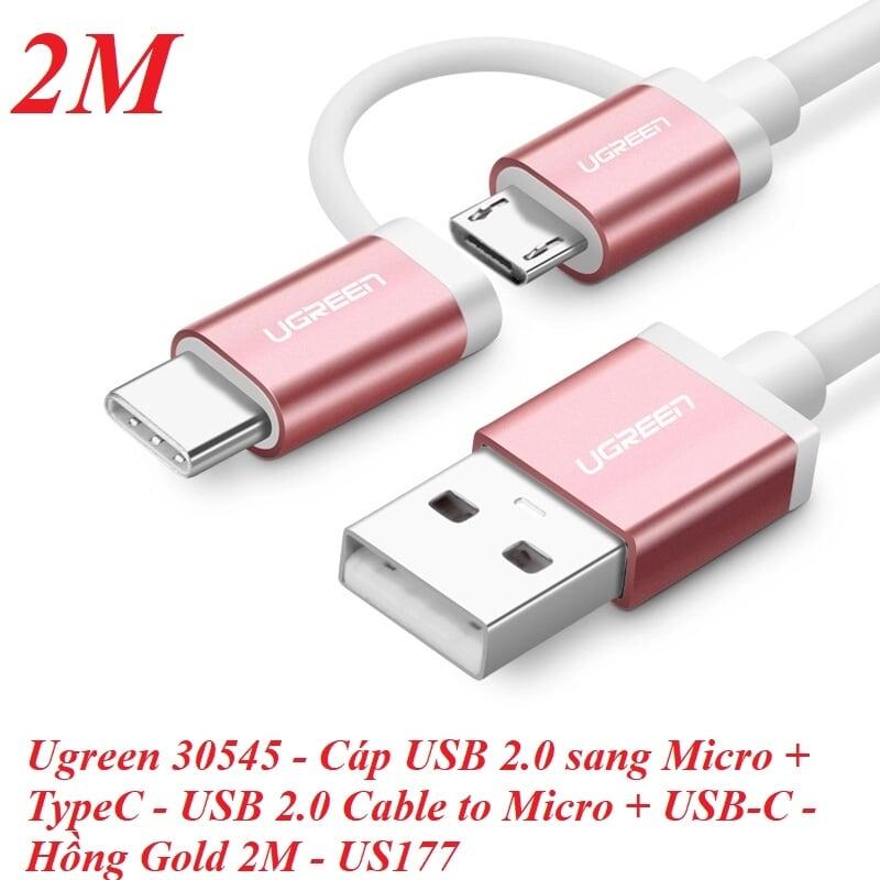 Ugreen UG30545US177TK 2M màu Hồng Cáp USB-A sang Micro USB + USB-C cao cấp - HÀNG CHÍNH HÃNG