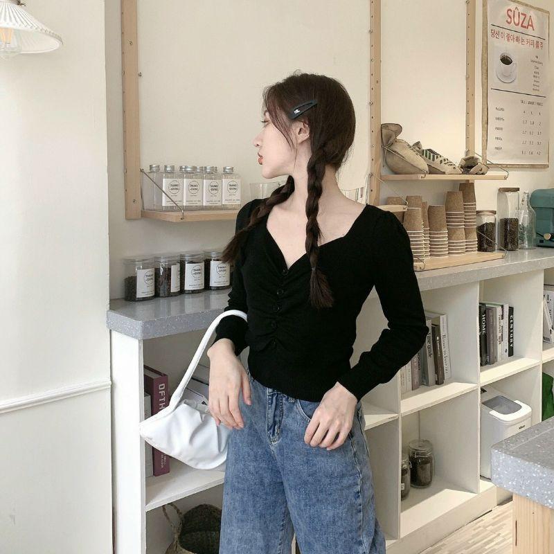 ÁO KIỂU THUN PHỐI NÚT TRƯỚC DÀI TAY