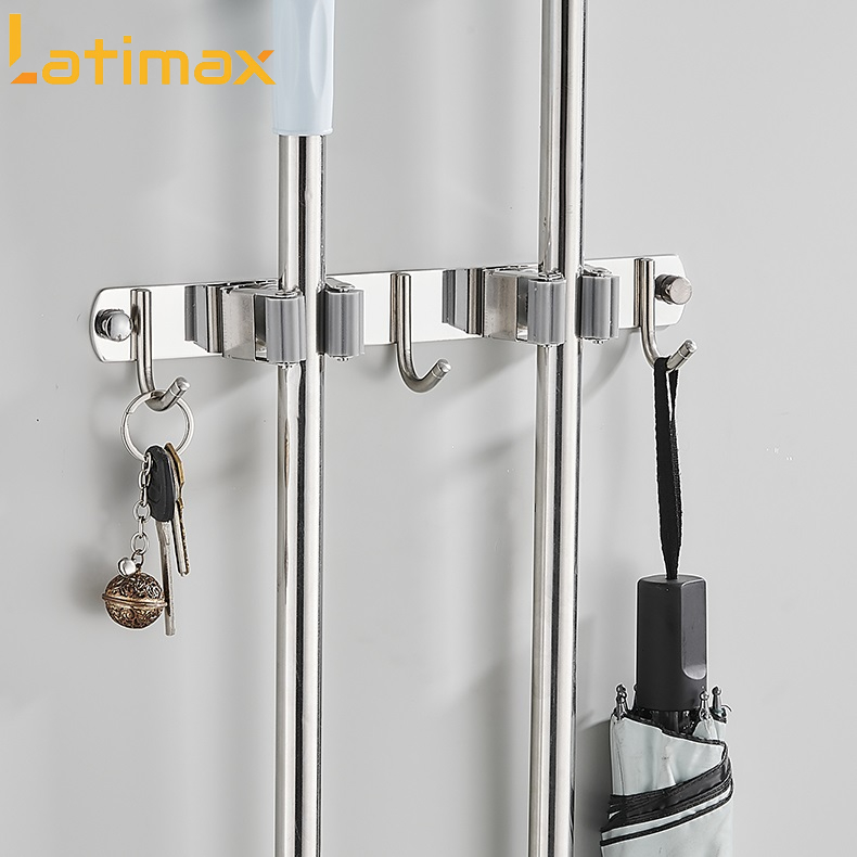 Móc Treo Đồ Dán Tường Đa Năng Loại 3 Móc kèm 2 Kẹp Chổi Lau Nhà Chất liệu Inox 304 Cao Cấp - Tặng keo dán tường Chuyên dụng