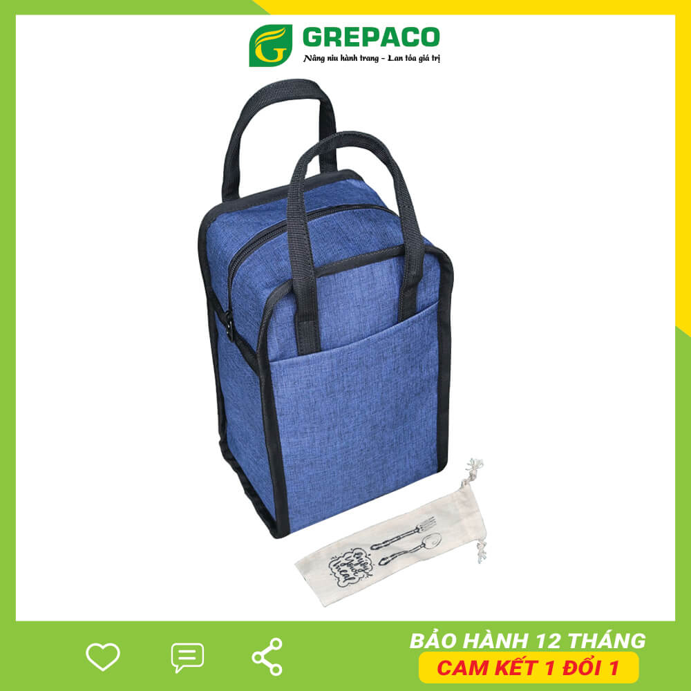 Túi Đựng Hộp Cơm Grepaco Giữ Nhiệt Nóng Lạnh Dạng Đứng Có Ngăn Phụ Đựng Đồ Thức Ăn Văn Phòng, Du Lịch – Vải Bố Canvas, Kích Thước Size Vừa, Kiểu Giỏ Xách Thời Trang Nam Nữ - Tặng Túi Đựng Muỗng Nĩa - Hàng Chính Hãng