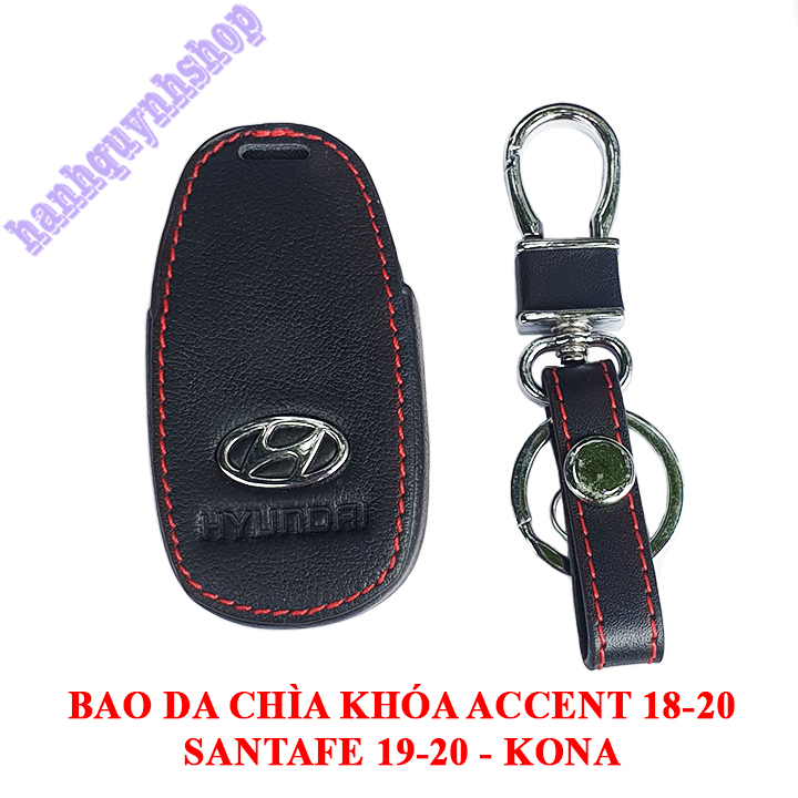 Bao da chìa khóa Accent 2018-2020, Santafe 2019-2020, KONA màu đen chỉ đỏ tặng kèm móc