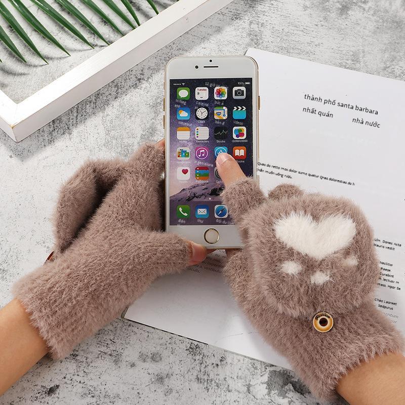 Giá thấp nhất mùa thu và mùa đông mới móng vuốt mèo tình yêu găng tay sinh viên ấm áp toàn tay găng tay dệt kim trò chơi găng tay màn hình cảm ứng
