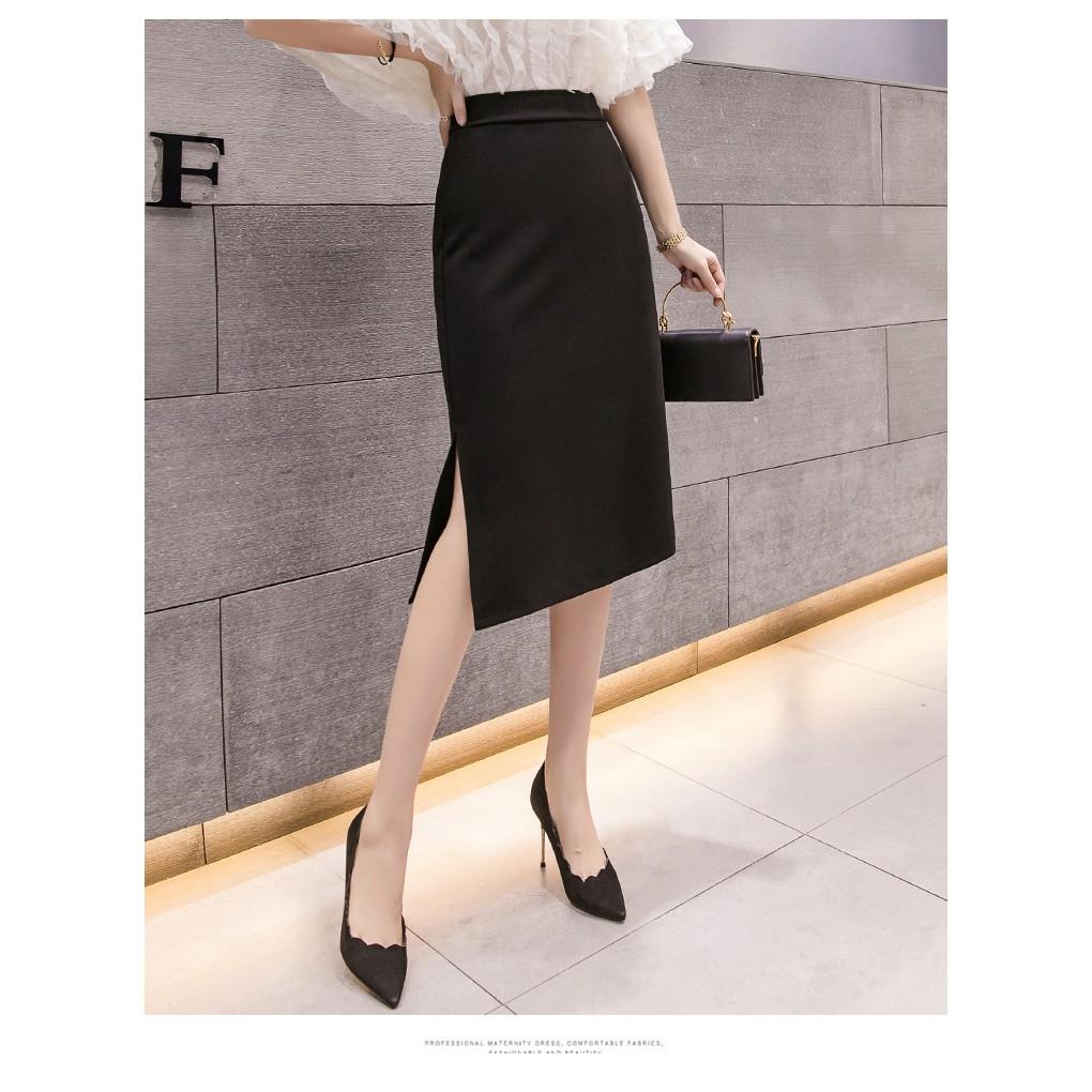 Chân váy công sở dài bigsize xẻ tà màu đen ôm body dài 70cm [size từ 48kg-85kg