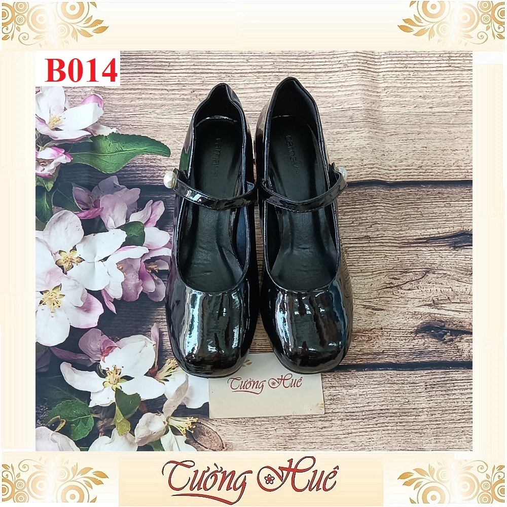 Giày Búp Bê Da Bóng Mũi Vuông Quai Ngang Đính Ngọc Trai Gót Cao 6CM