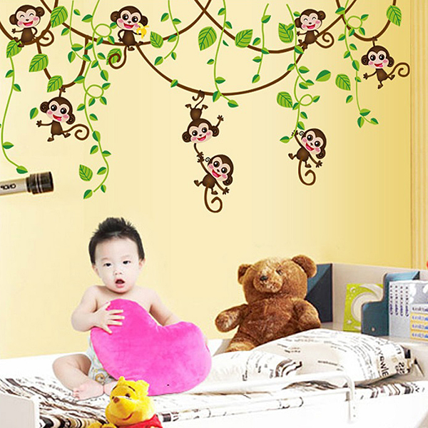 Decal Dán Tường Khỉ Con Đu Dây - 2 Bộ
