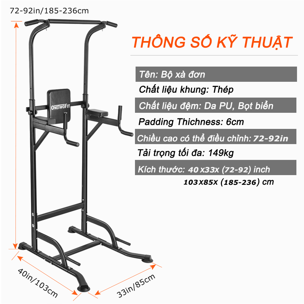 OneTwoFit Bộ xà đơn xà kép Fitness Pull up Bar Push Up-Weight OT084 có thể điều chỉnh chiều cao