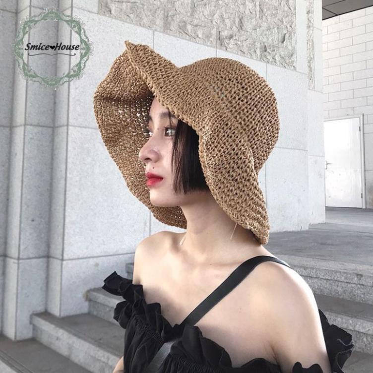 Mũ cói đan trơn phong cách cổ điển xinh xắn cho nữ có dây điều chỉnh size- đi biển, đi chơi- Smice House