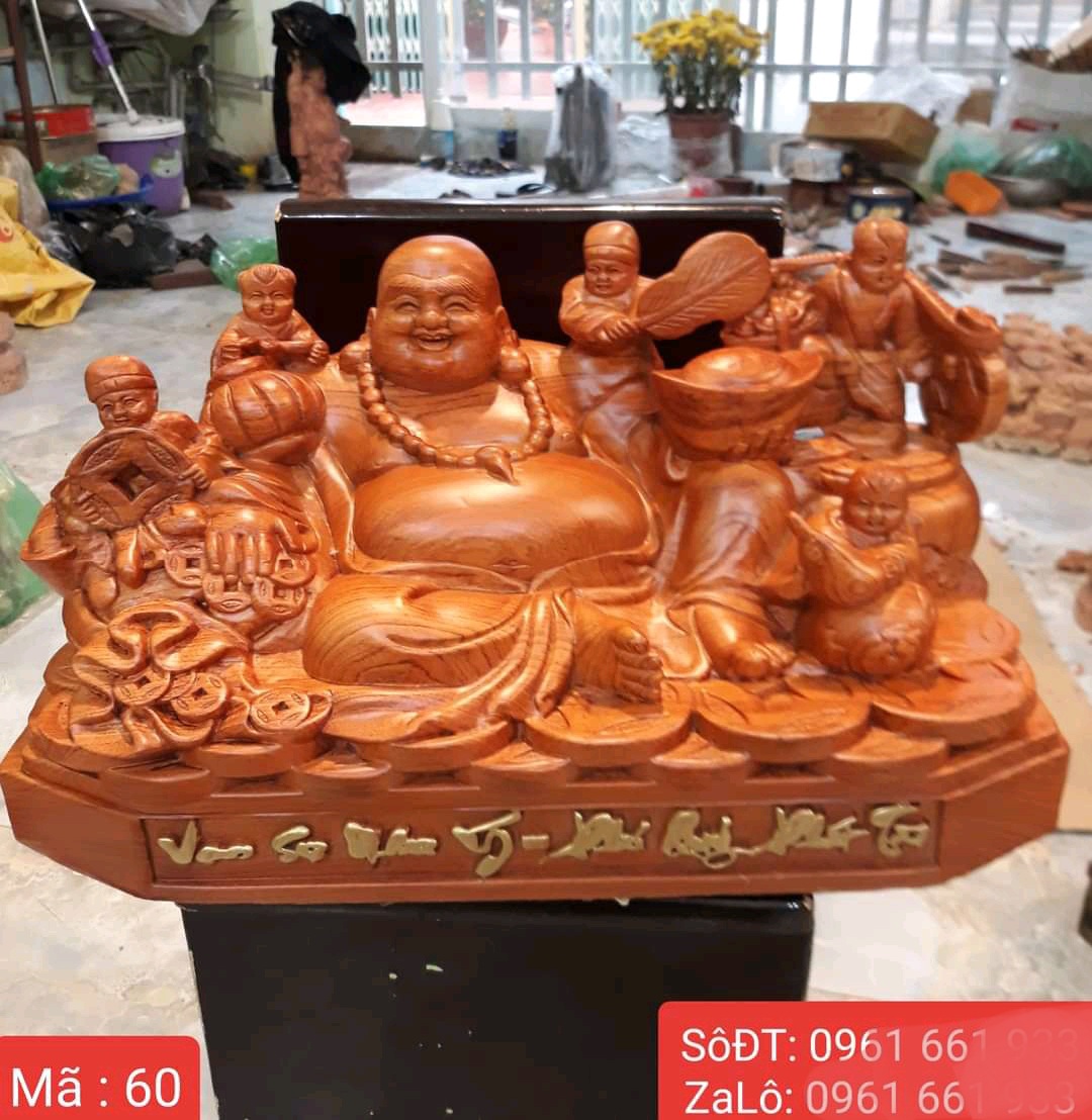 Tượng phật di lặc ngũ phúc bằng gỗ hương đá liền khối kt 40×21×20cm