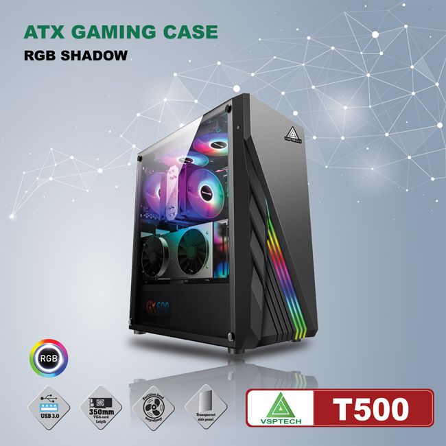 Vỏ máy tính Case VSP T500 LED (ATX/Micro ATX) Kính cường lực không FAN - Hàng chính hãng TECH VISION phân phối