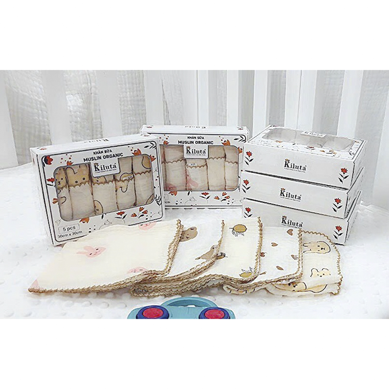 Hộp 5 khăn sữa cho bé 2 lớp chất vải Muslin Organic cao cấp, mềm mịn, thấm hút tốt KT 30x30cm