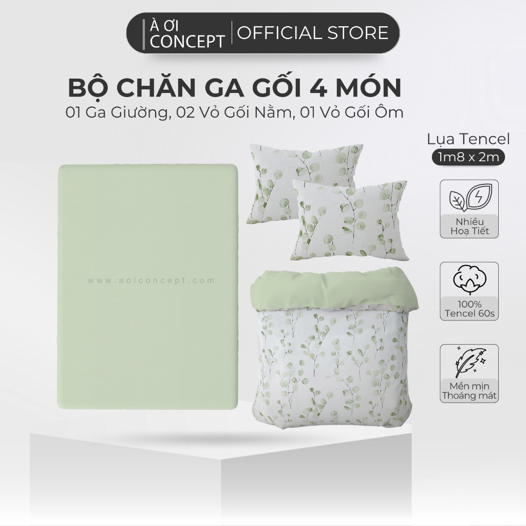 Bộ Chăn Ga Gối 4 Món Lụa Tencel Size 1m8 x 2m Nhiều Hoa Văn À Ơi Concept cao cấp Hàn Quốc