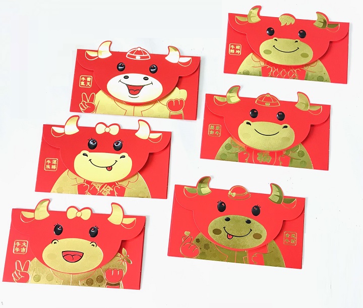 ( Mẫu 1) Set 6 bao lì xì con trâu 3D cute nhũ vàng 2021, dùng để đựng thiệp chúc, tiền lì xì, mừng tuổi dễ thương và ý nghĩa - TMT Collection.com - SP005089