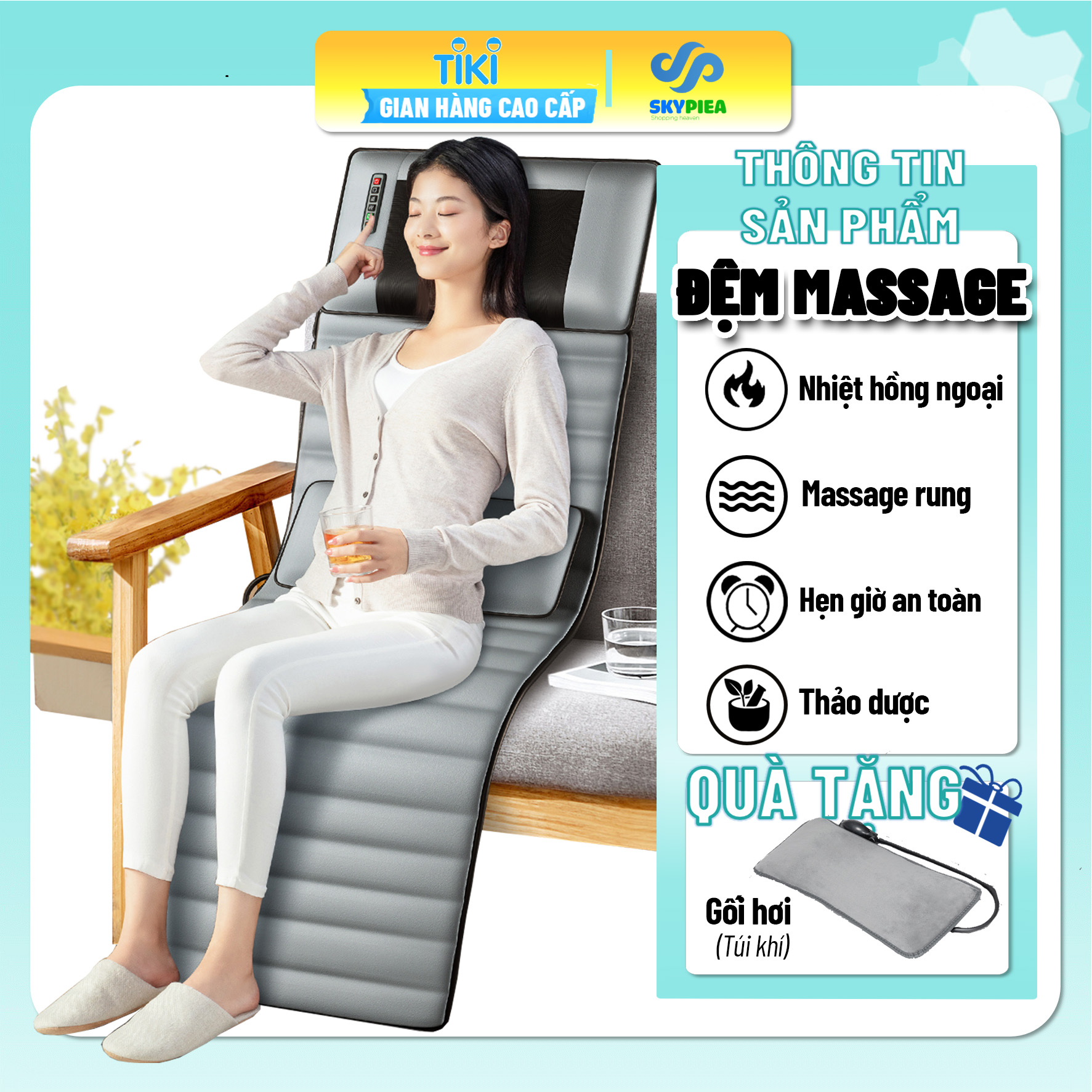 Đệm Massage Toàn Thân - Phiên Bản 2021 - Đệm Mát Xa toàn Thân Hồng Ngoại - Bộ Điều Khiển Cầm Tay - Mát Xa 16 bi - Chất Liệu Vải Nhung Mát Mẻ