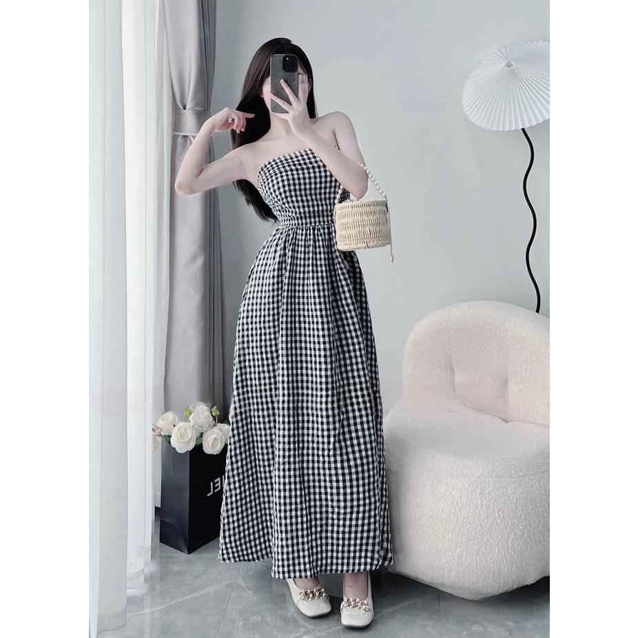 ĐẦM ĐI CHƠI, ĐẦM CÚP NGỰC MAXI CARO DÁNG XÒE CỰC XINH IU
