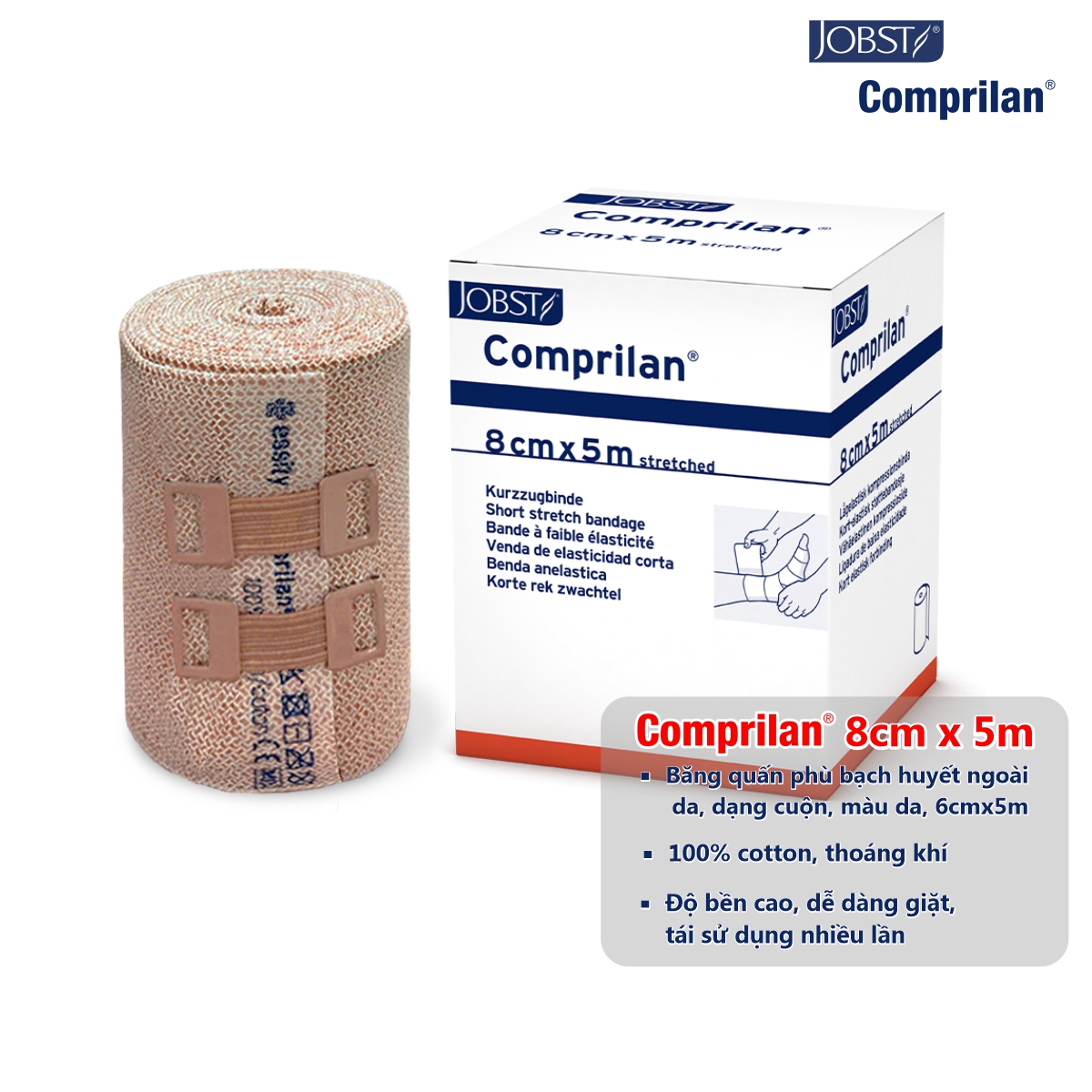 Comprilan - Băng Quấn Phù Bạch Huyết Lớp 3, Dạng Cuộn, Màu Da, Size 8cmx5m