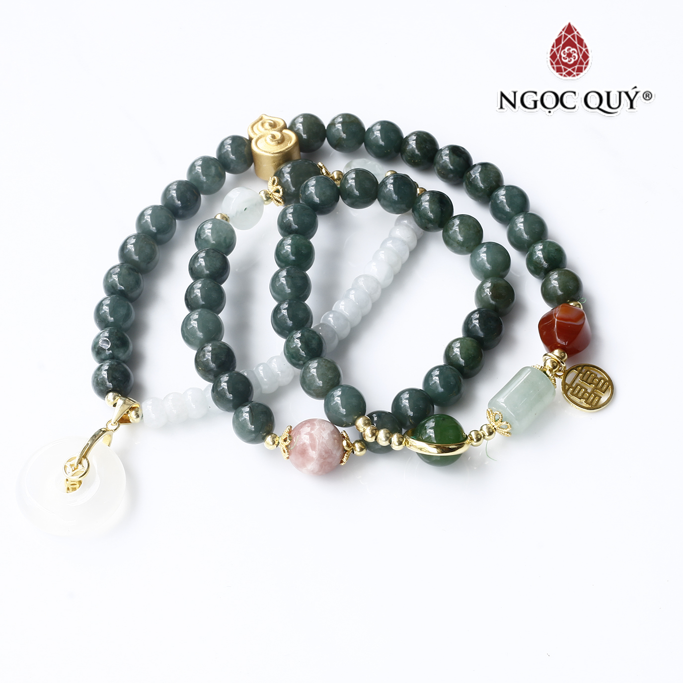 Vòng cẩm thạch 3 line phối charm bạc mạ vàng mệnh hỏa, mộc - Ngọc Quý Gemstones