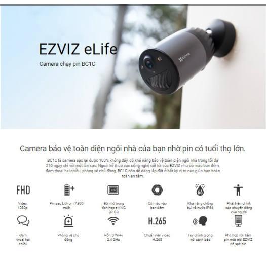 Camera Wifi ngoài trời Dùng Pin Sạc in EZVIZ CS-BC1C + kèm pin mặt trời CS-CMT-Solar - hàng chính hãng