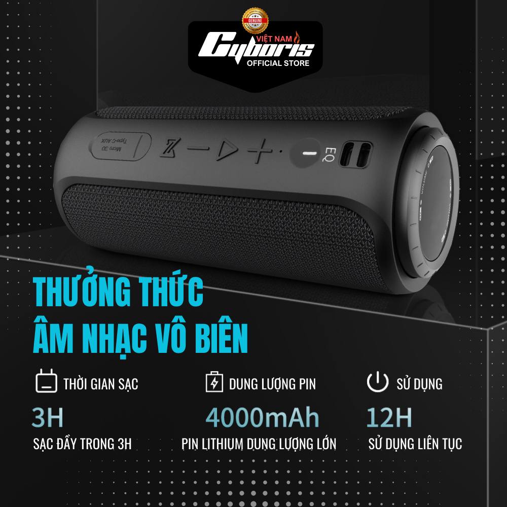 Loa Nghe Nhạc Bluetooth Cyboris S12, Loa siêu Bass, Công suất 30W, Chống nước IPX7, Pin 4000mAh. Hàng Chính Hãng