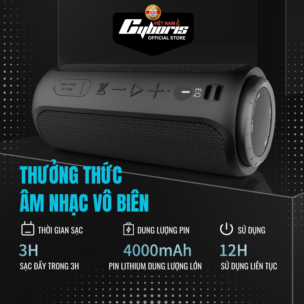 Loa Nghe Nhạc Bluetooth Cyboris S12, Loa siêu Bass, Công suất 30W, Chống nước IPX7, Pin 4000mAh. Hàng Chính Hãng.