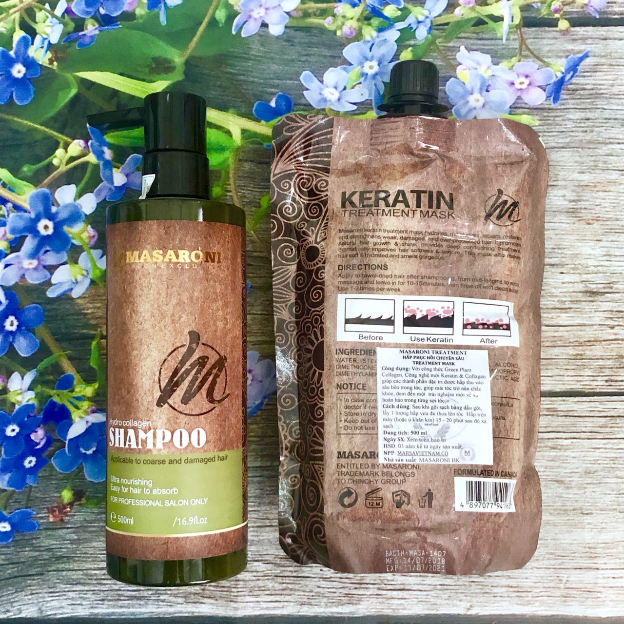 Combo gội ủ Collagen Keratin MASARONI siêu mượt cho tóc khô hư tổn 500ml