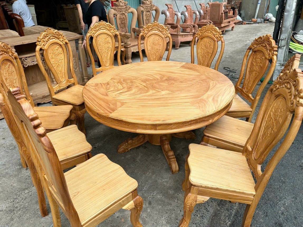 Bộ bàn ăn tròn gỗ gõ 10 ghế đường kính 1m40