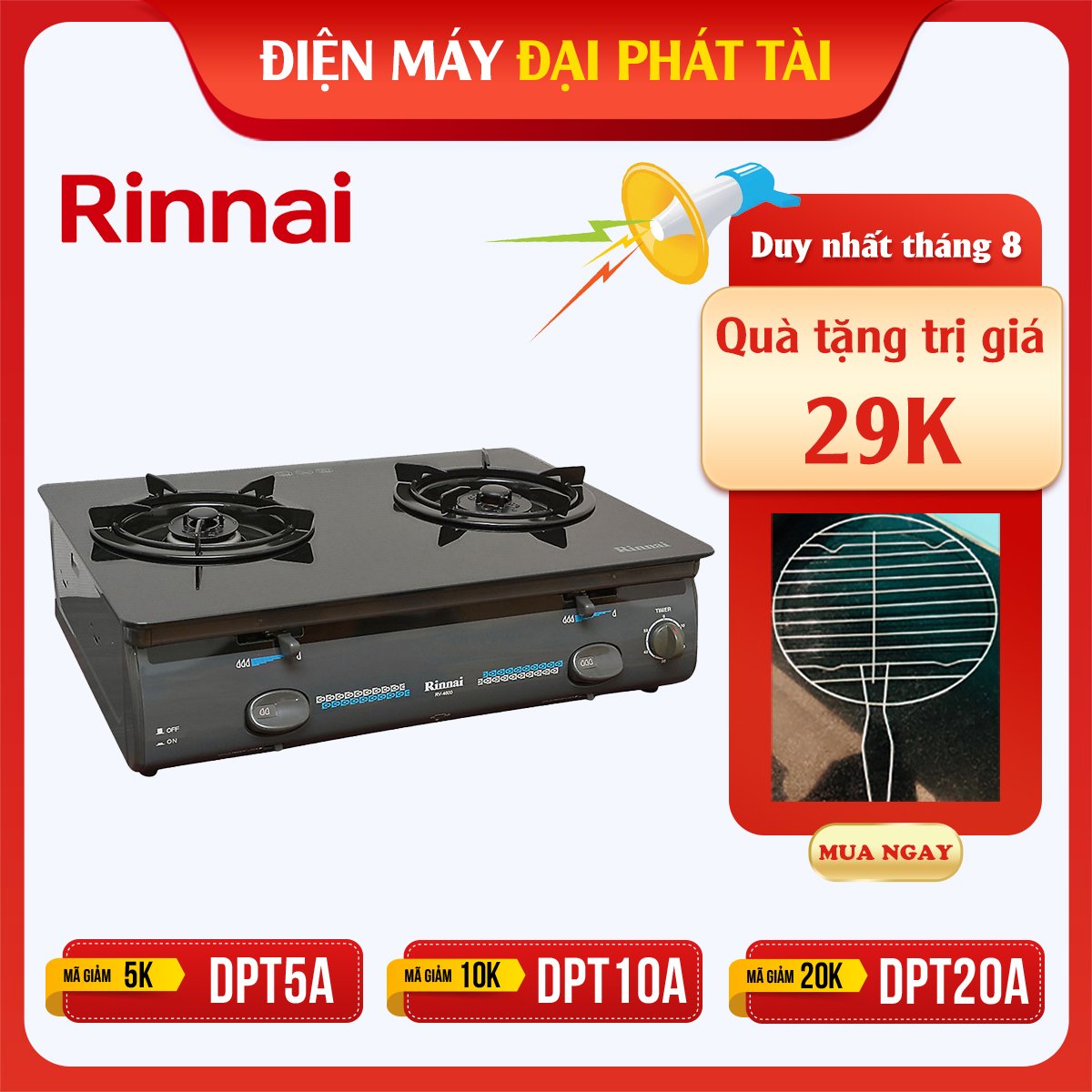 Bếp Gas Dương Rinnai RV-4600GLT - Xám - Hàng Chính Hãng