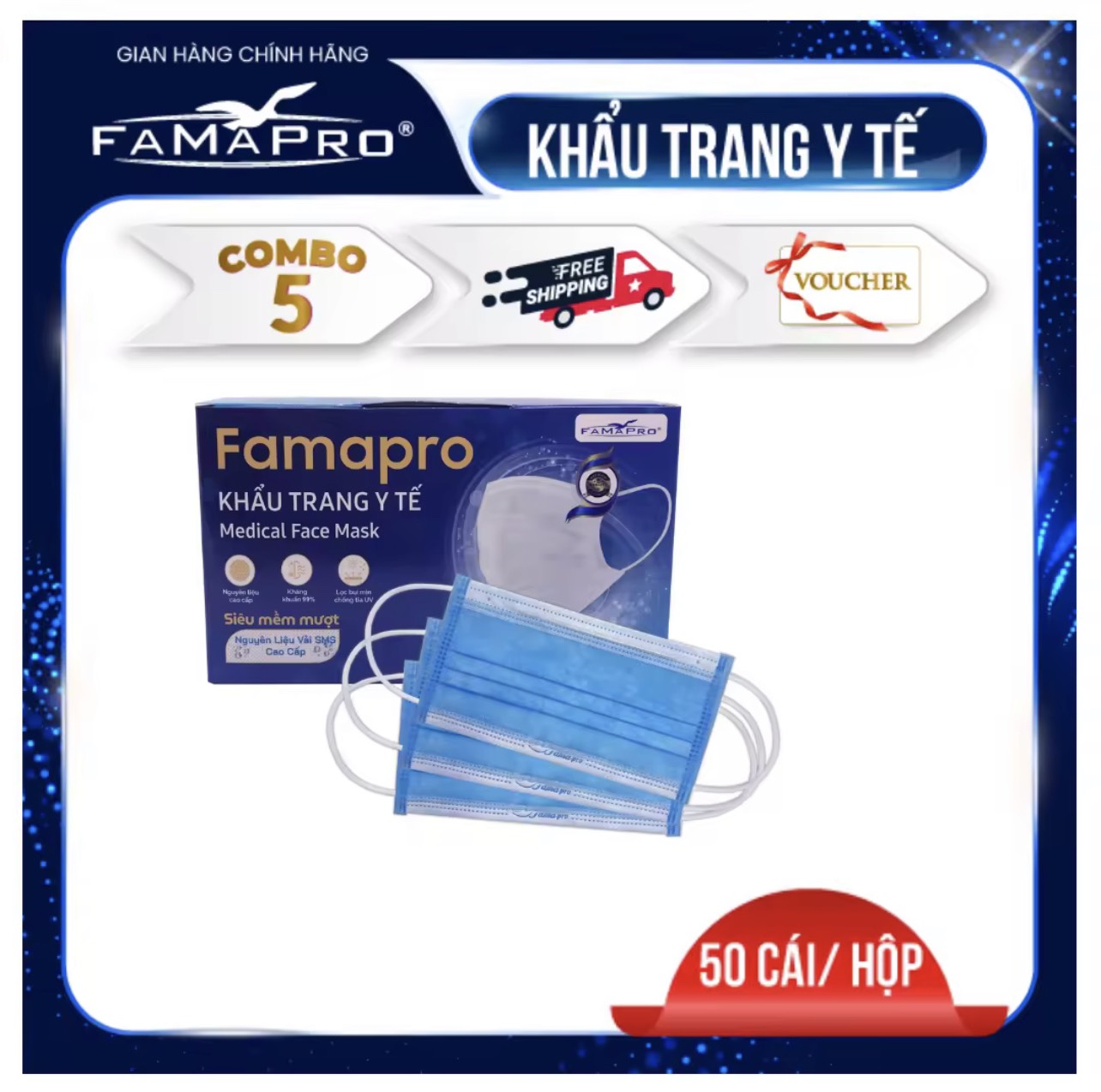 FAMAPRO – HỘP 50 CÁI Khẩu trang y tế kháng khuẩn Famapro – 5 HỘP XANH