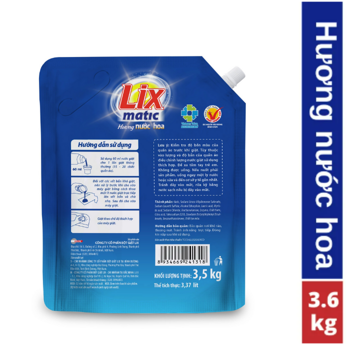 Nước giặt Lix Matic mới hương nước hoa túi 3.5kg NGM42 giặt tẩy đánh bay mọi vết bẩn cứng đầu