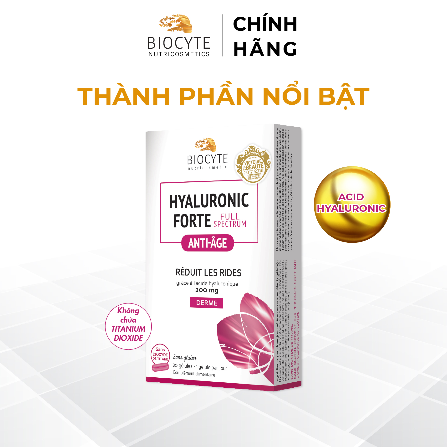 B02 Viên uống giúp giảm nhăn, cung cấp độ ẩm da BOC Hyaluronic Forte Full Spectrum - Biocyte