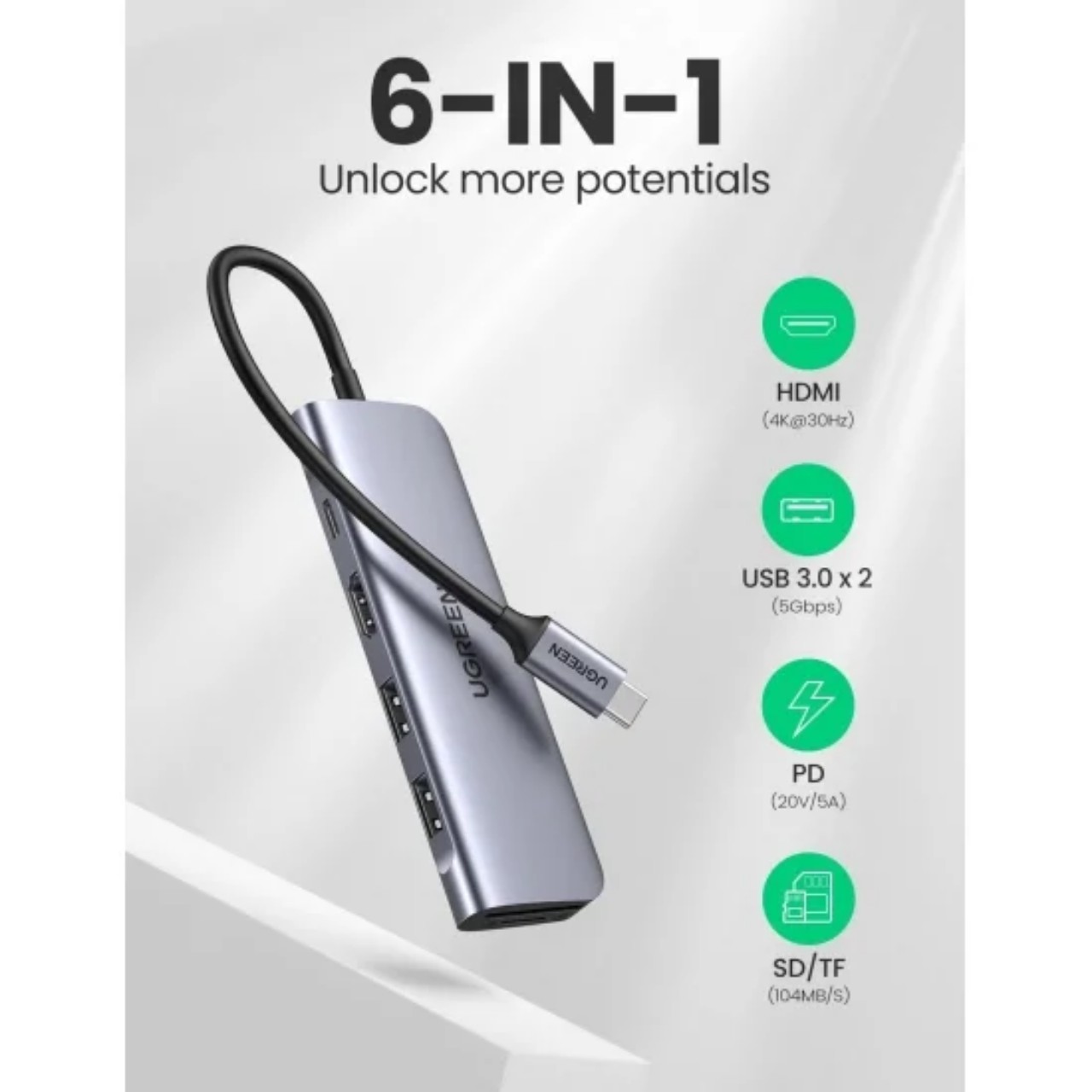 Bộ chuyển đổi đa năng TypeC sang 2 USB 3.0 + HDMI + SD, TF+ PD (6 in 1) Ugreen - hàng chính hãng 70411