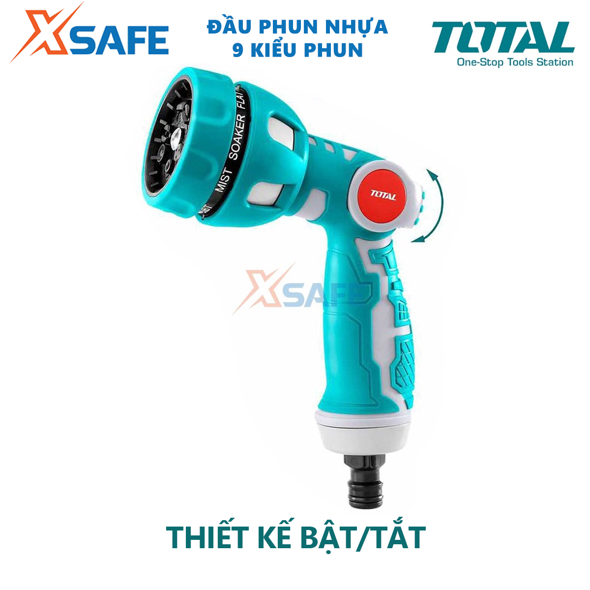 Đầu phun nước 9 kiểu phun TOTAL THWSG6091 phun sương, làm ướt, phẳng, thẳng đứng, hoa sen, hình nón, quạt, trung tâm,
