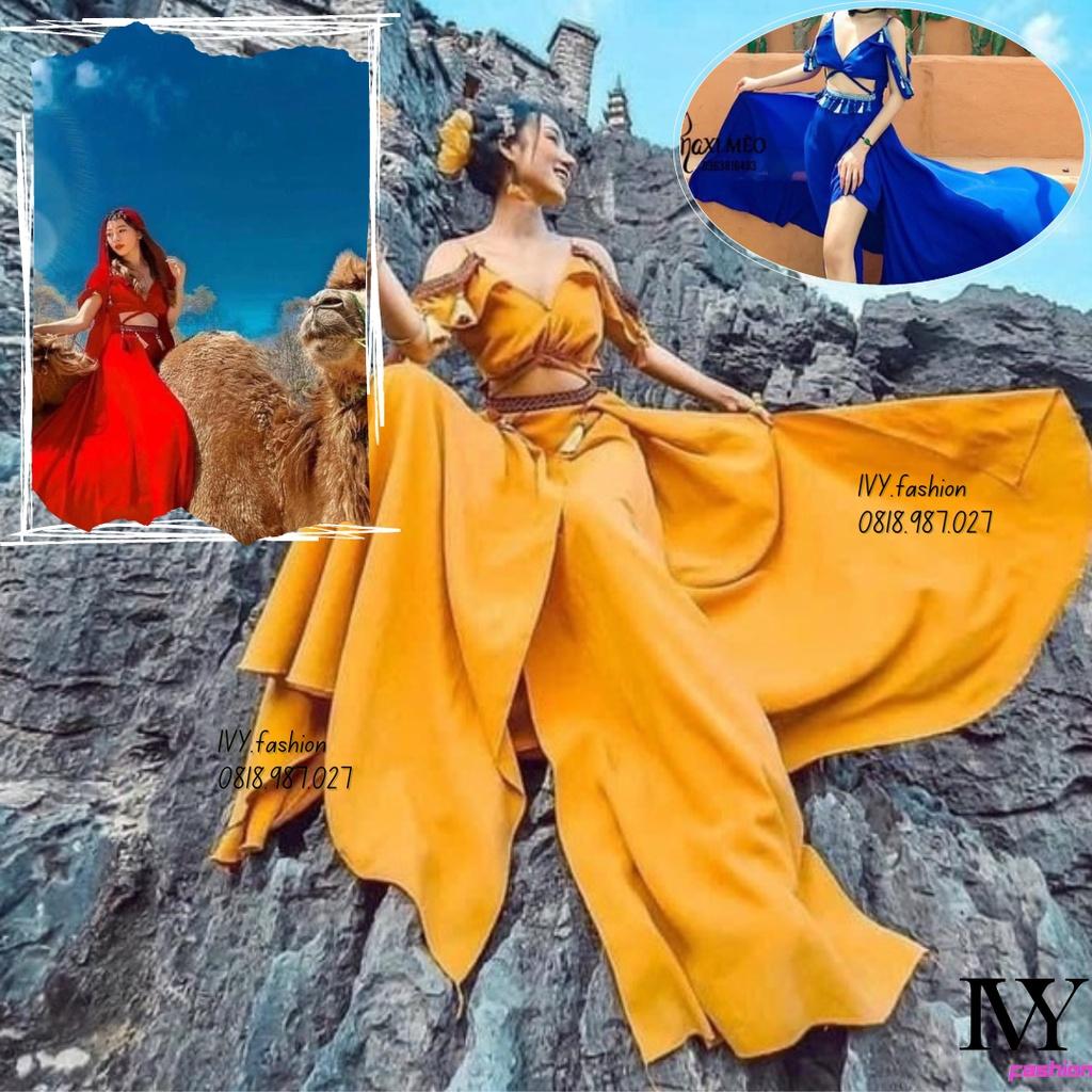 Đầm váy maxi thổ cẩm lụa có mút ngực vàng xanh đỏ 2 dây cổ V xẻ đùi đi biển dự tiệc dạo phố bigsize gợi cảm sexy