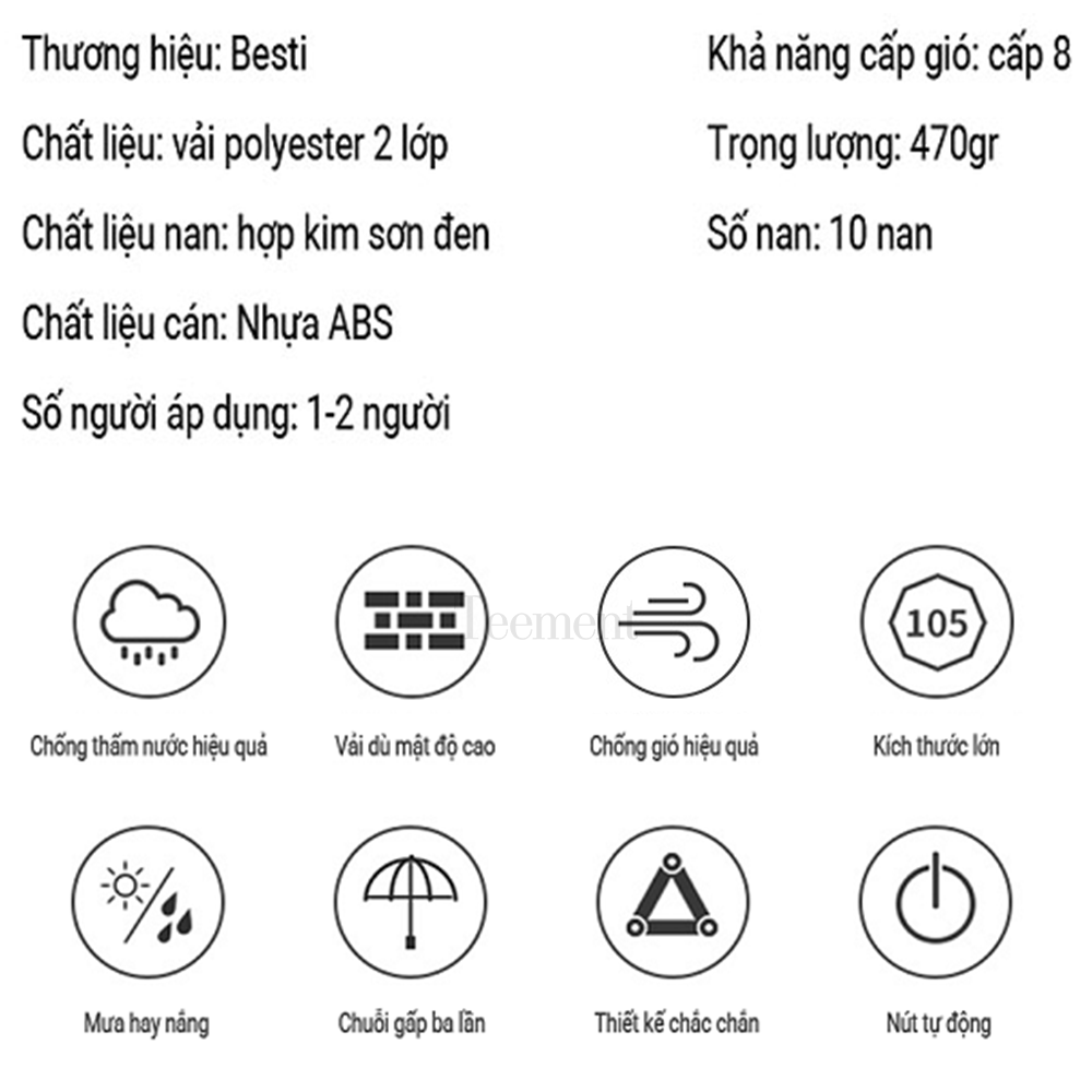 Ô (Dù) Tự Động 2 Chiều Cao Cấp Teement, Che Mưa, Che Nắng, Chống UV - Hàng Chính Hãng