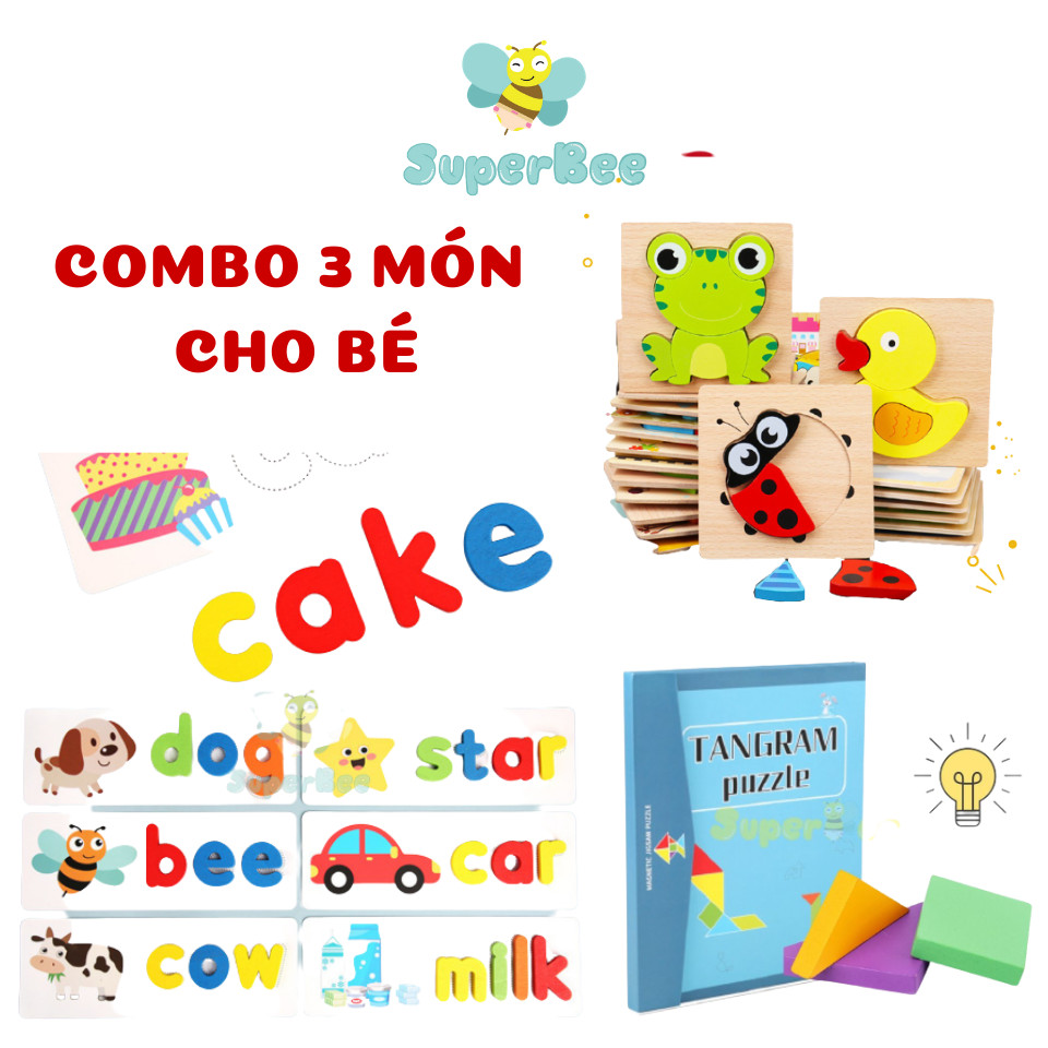 Combo 3 Món Đồ Chơi Gỗ Ghép Hình Con Vật, Ghép Chữ Và Xếp Hình Tangram Cho Bé Sáng Tạo