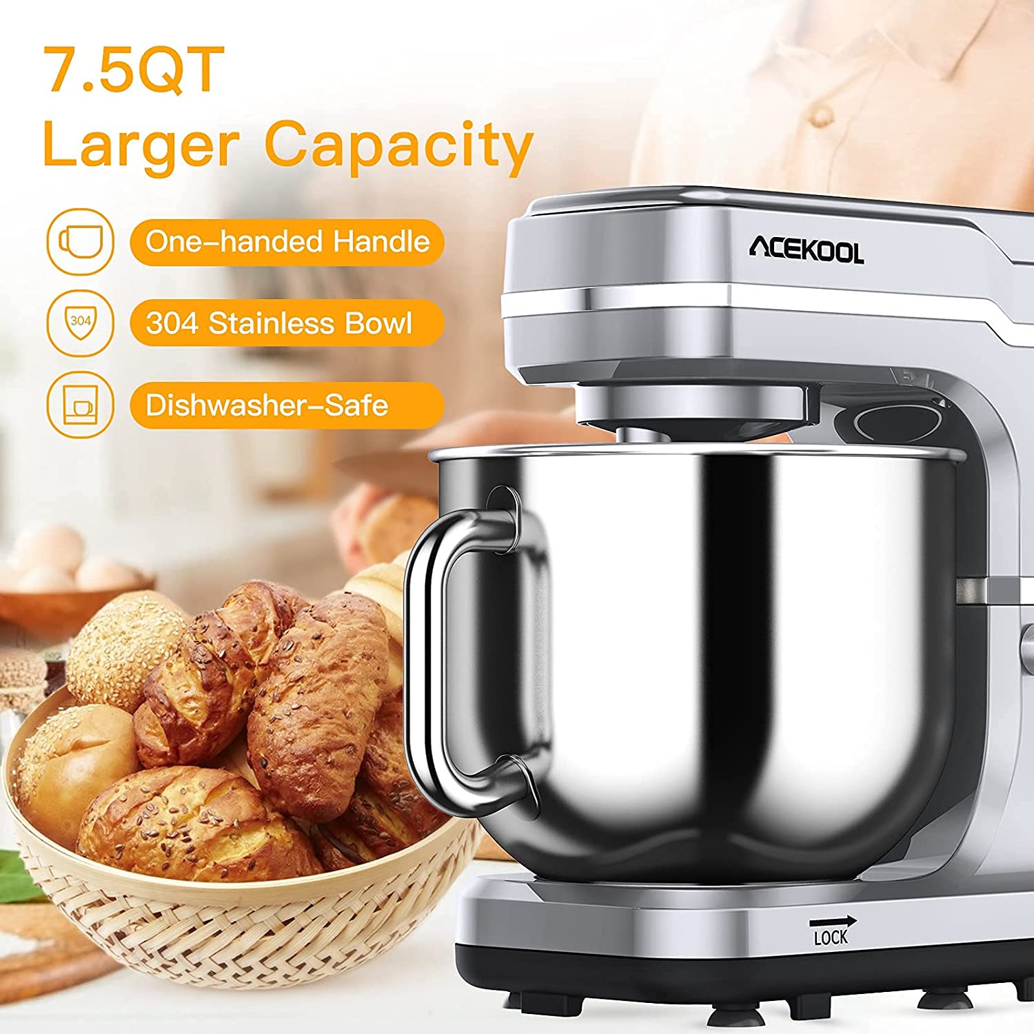 Máy nhào bột ACEKOOL 7L 1400W trộn được 1 kg bột khô làm chả giò đánh trứng làm trà bông- Hàng chính hãng Đức xuất khẩu Anh, Mỹ..