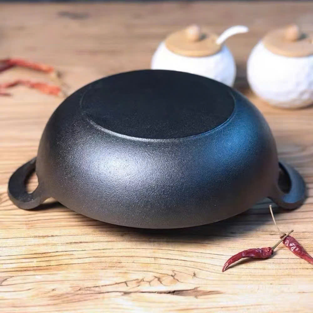 Chảo Nồi Gang Sâu Lòng Đúc Nguyên Khối Size 20cm &amp; 25cm, Tặng Kèm Vung Gỗ - HÀNG CHÍNH HÃNG MINIIN