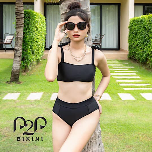 P2P BIKINI - Bikini hai mảnh áo mút quây ngang cột dây, quần cạp cao đen - BTK350M_LC