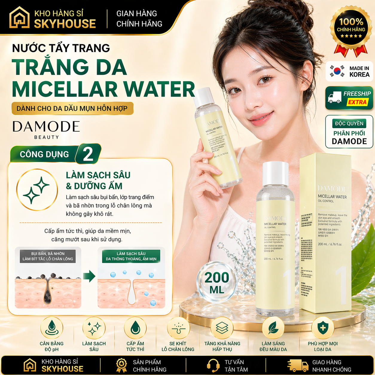 Nước tẩy trang cho da dầu mụn MICELLAR WATER DAMODE chai 200ml nước tẩy trang sạch sâu chính hãng