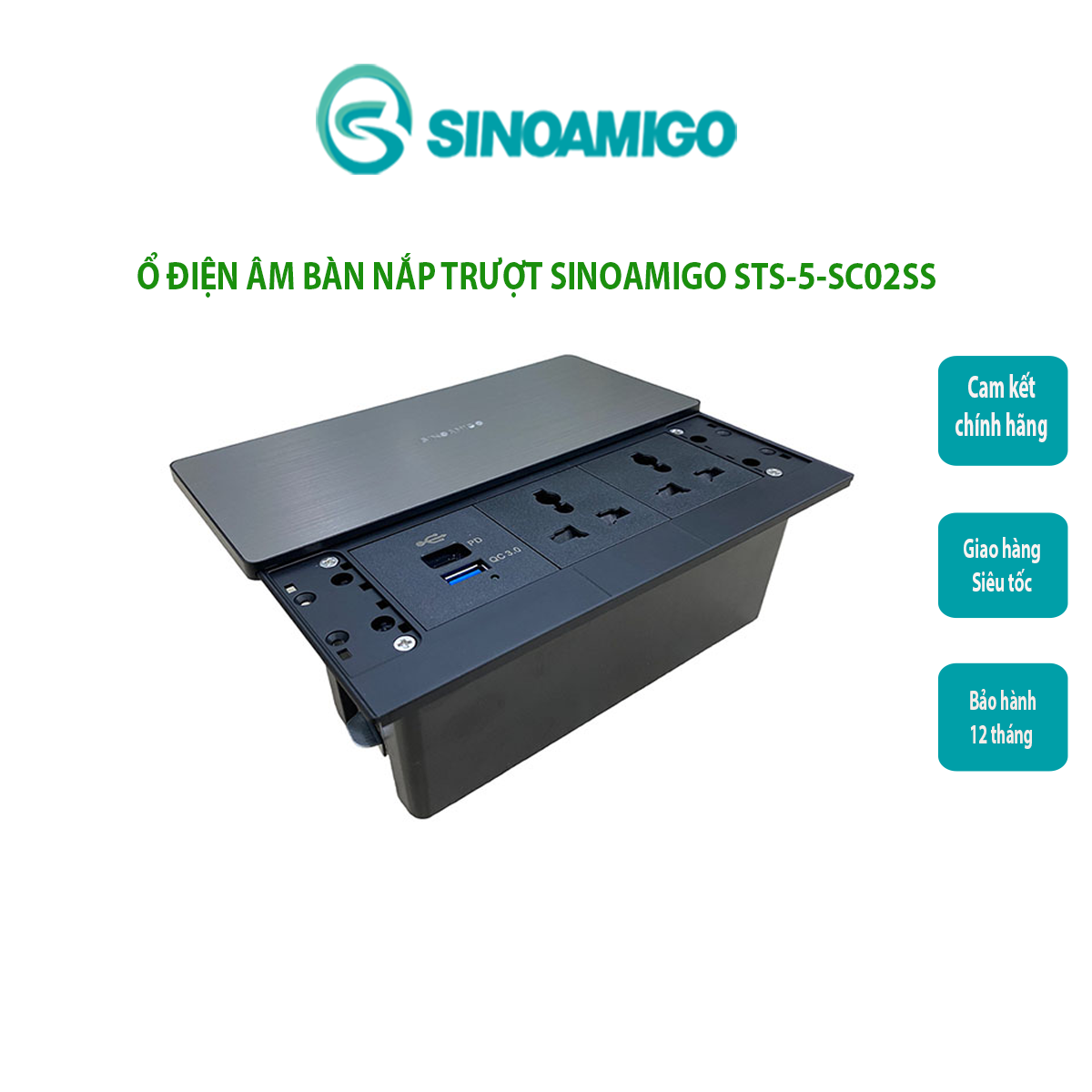 Hộp ổ cắm âm bàn tích hợp cổng sạc USB type C PD Sinoamigo STS-5-SC02SS, thiết kế nắp trượt tiện dụng - Hàng chính hãng Sinoamigo