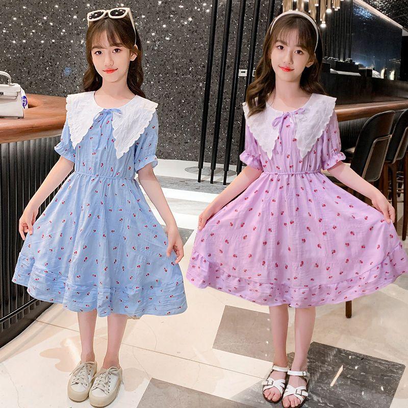DONGSHOP HOT Cô gái ăn mặc 2023 mùa hè ăn mặc cô gái váy công chúa Mid-Boy Cherry hoa đầm đầm đầm đầm mùa hè cho trẻ em