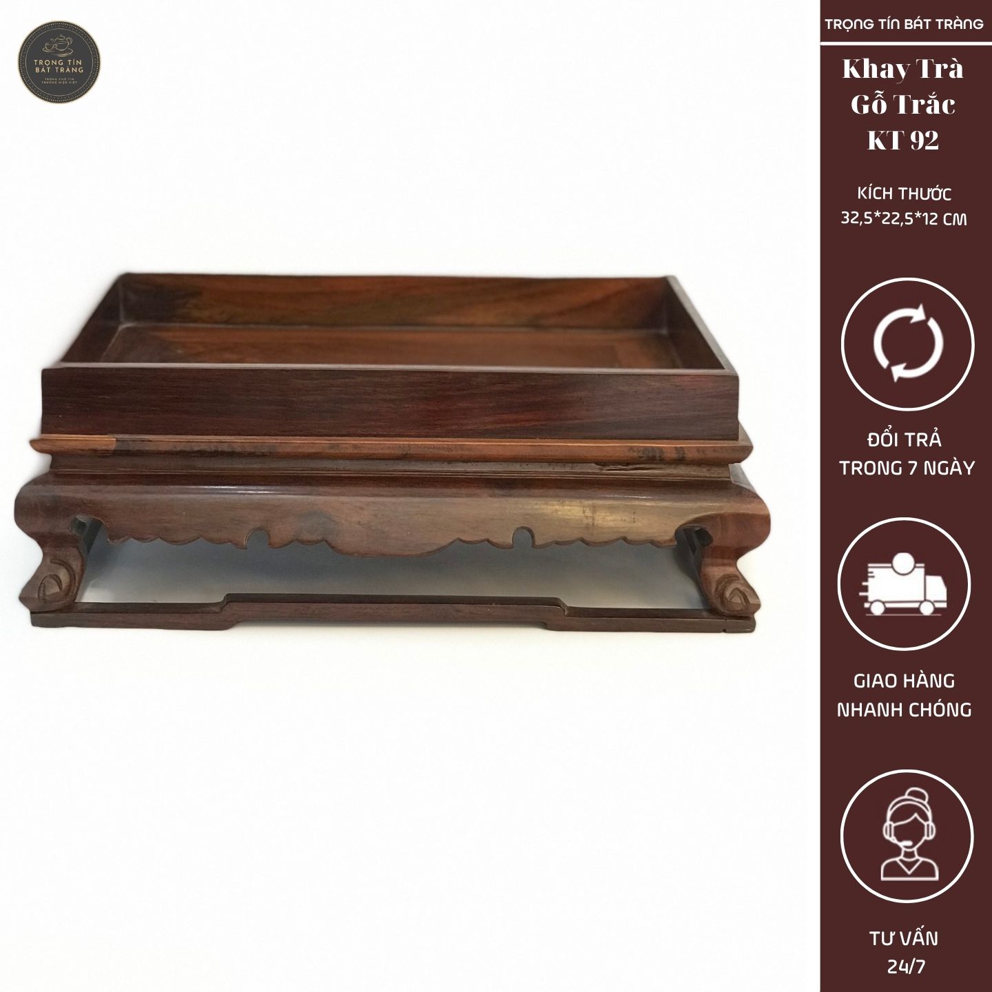 Khay Trà Gỗ Trắc Hình Chữ Nhật Kích Thước 32,5*22,5*12 cm KT 92