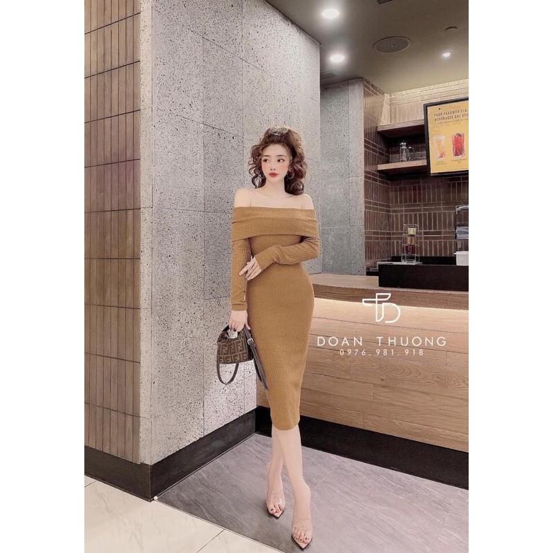 Đầm len đũa trễ vai ôm body 4 màu