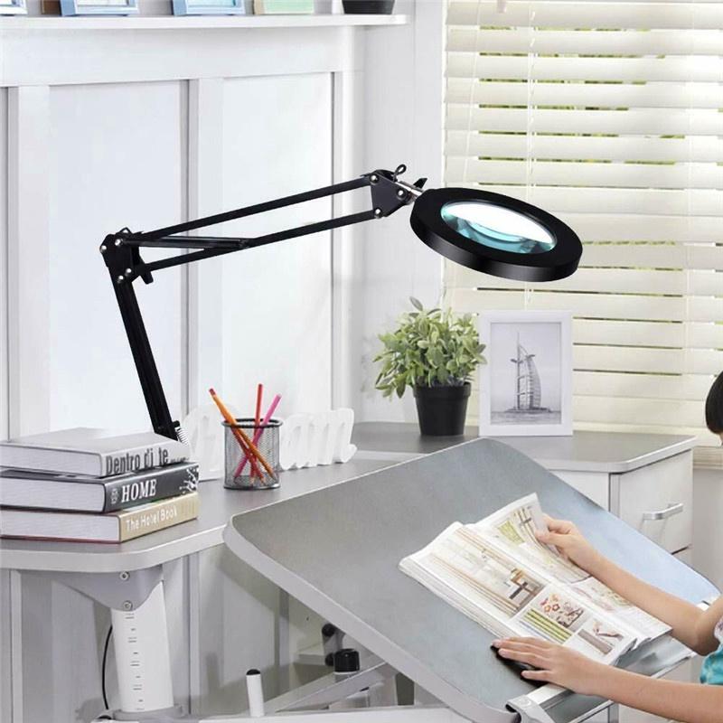 Kính lúp kẹp bàn có đế kèm đèn LED, kim loại sơn tĩnh điện cao cấp