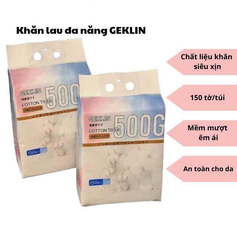 Khăn vải khô đa năng Geklin 500g túi gồm 150 tờ 20*20cm dễ dàng lau tay, lau mặt, lau bếp, lau xe.... chất liệu 100% cotton mềm mại siêu dai chống rách