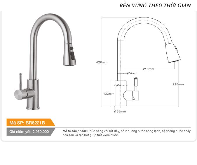 Vòi rút dây cổ tròn nóng lạnh inox Tundo BR6221B Boss 420*55*220 mm