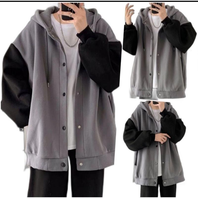 Áo Khoác Hoodie Nút Bấm Phối Tay Hai Màu Sành Điệu Thời Trang